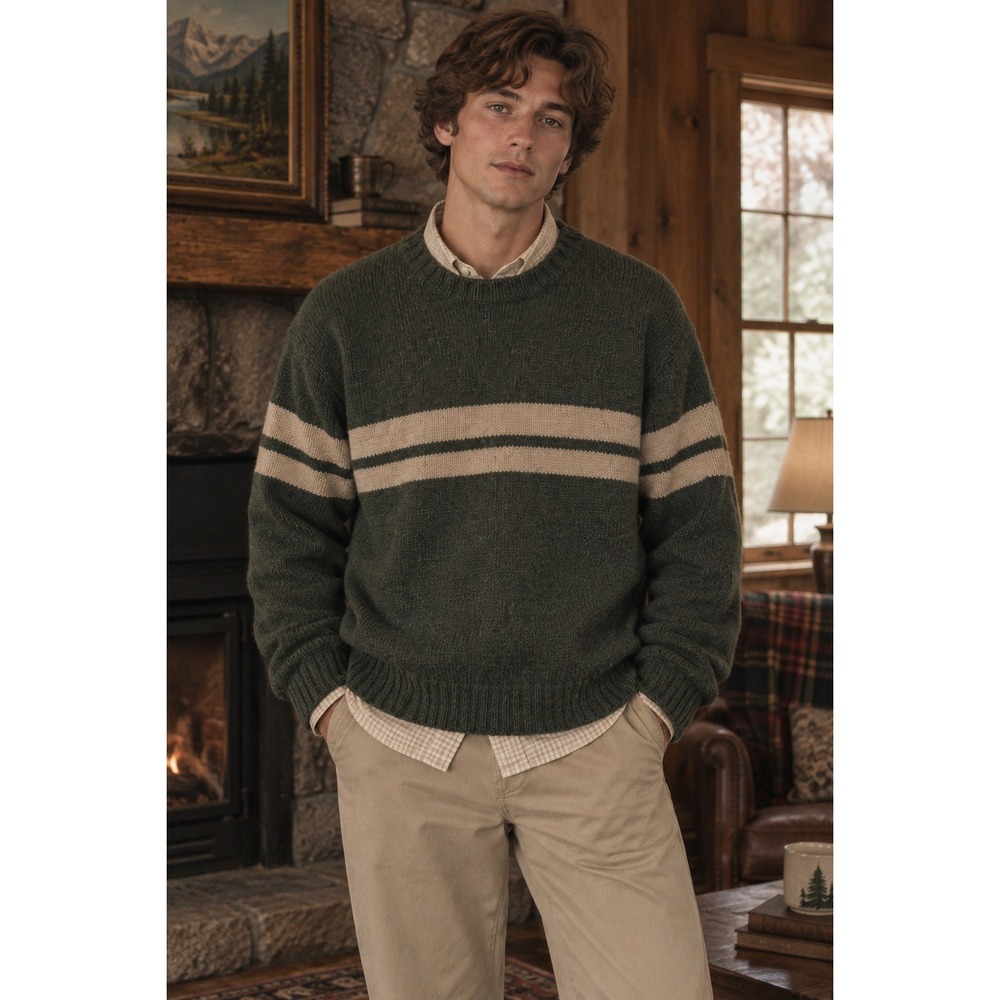 VTG 90s Structure Sweater Mens L Green Wool Alpaca Striped Crew Neck Cabin Prep